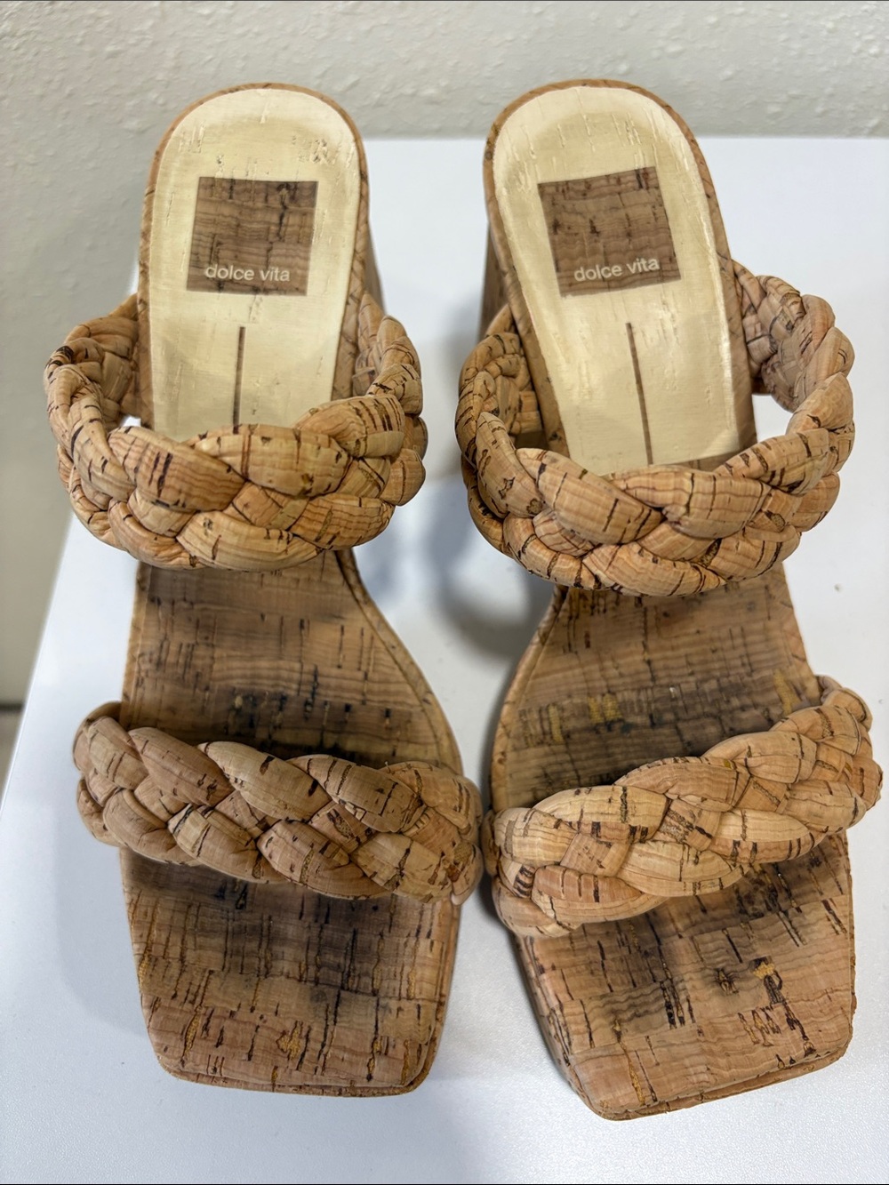 Dolce Vita Ashby Braided Cork Double-Strap Slide Heels in Natural Tan